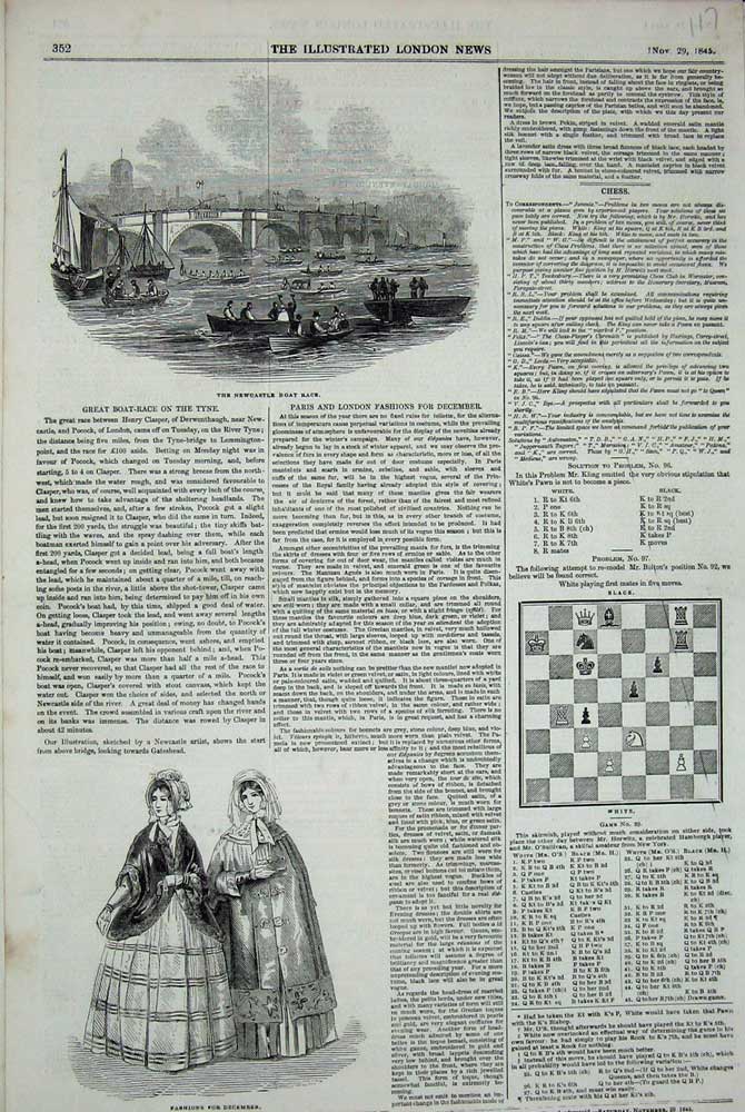 Old Antique Print 1845 Newcastle Boat Race Bridge Womens Fashion Dresses 19th