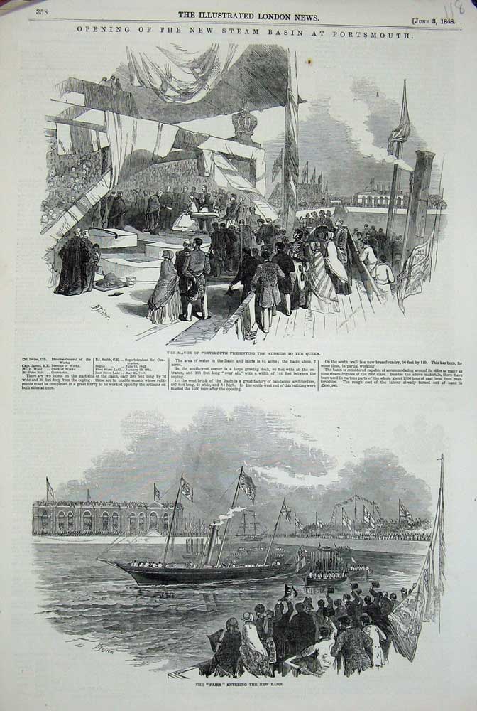 Original Old Antique Print 1848 Mayor Portsmouth Fairy Ship Queen Steam Basin
