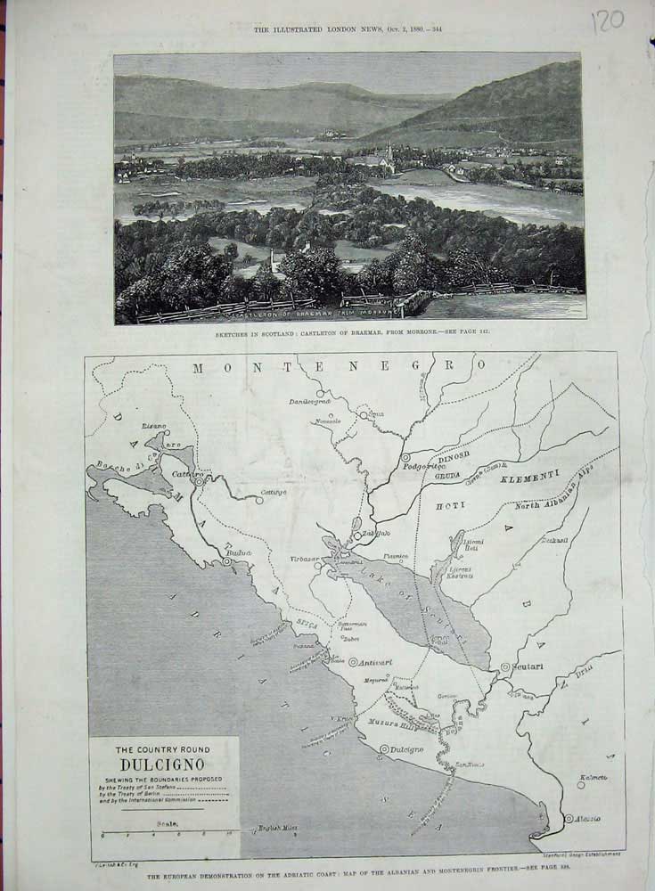 Original Old Antique Print 1880 Scotland Castleton Braemar Morrone Map Dulcigno