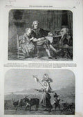 Original Old Antique Print 1852 Happy Man Little Girl Campagna Lady Goats Dog