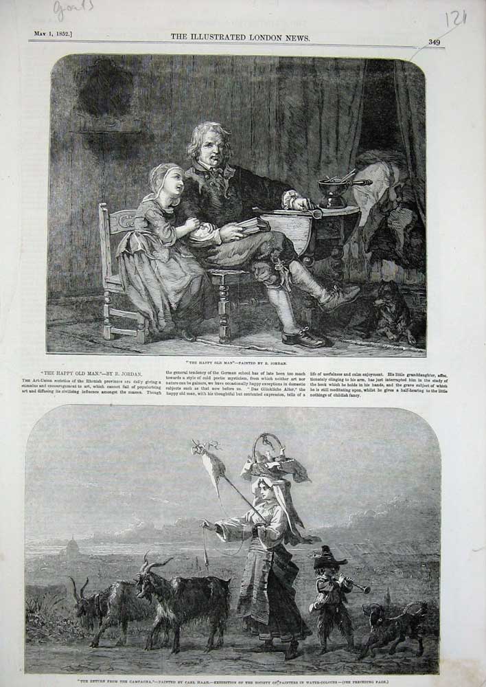 Original Old Antique Print 1852 Happy Man Little Girl Campagna Lady Goats Dog