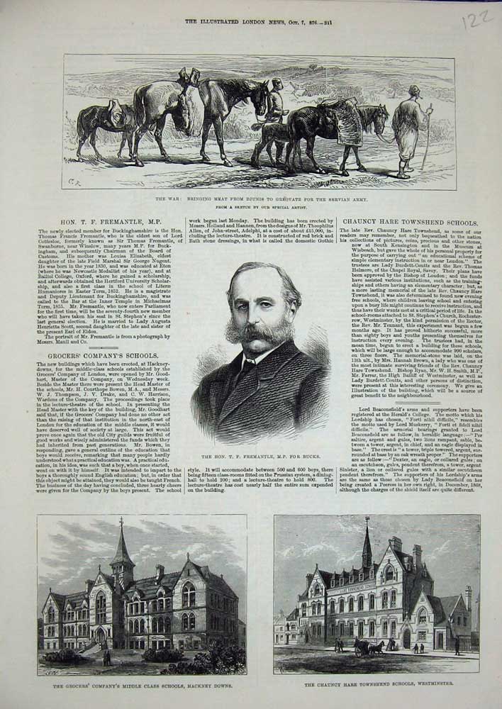 Original Old Antique Print Fremantle 1876 War Servian Army Westminster Schools