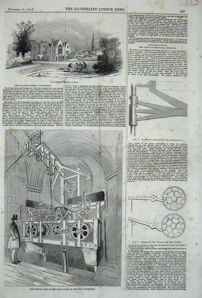 Original Old Antique Print 1844 Gloucester College School Royal Exchange Clock