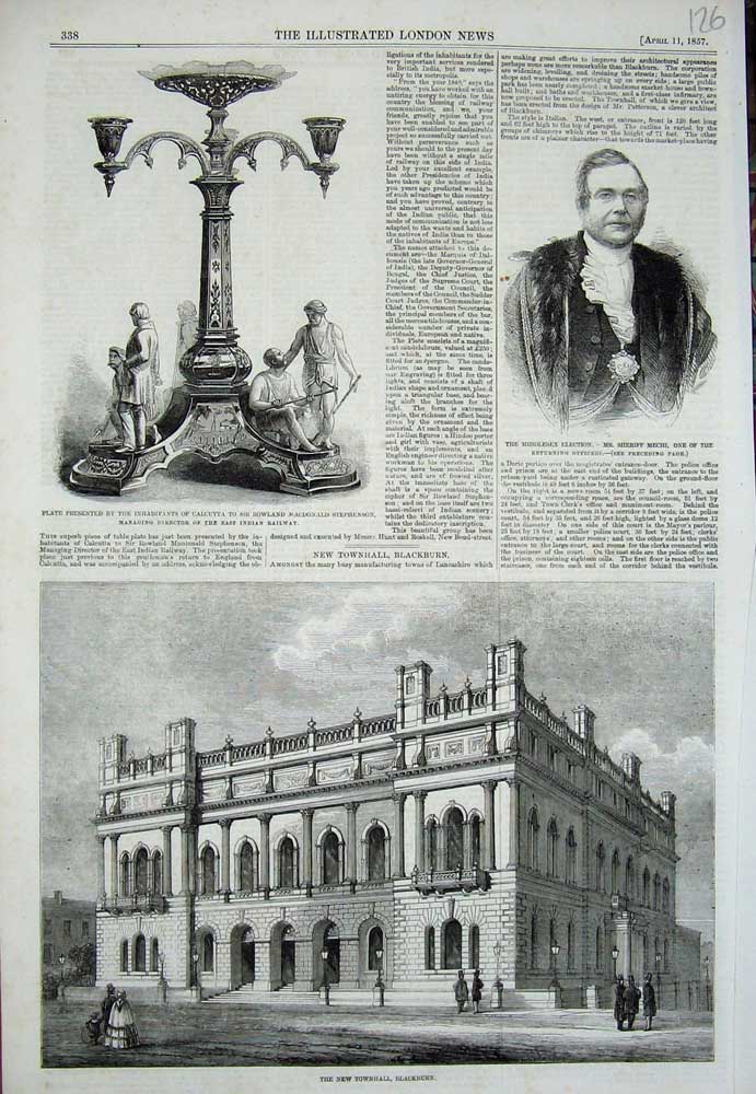 Original Old Antique Print 1857 Townhall Balckburn Plate Calcutta Sheriff Mechi