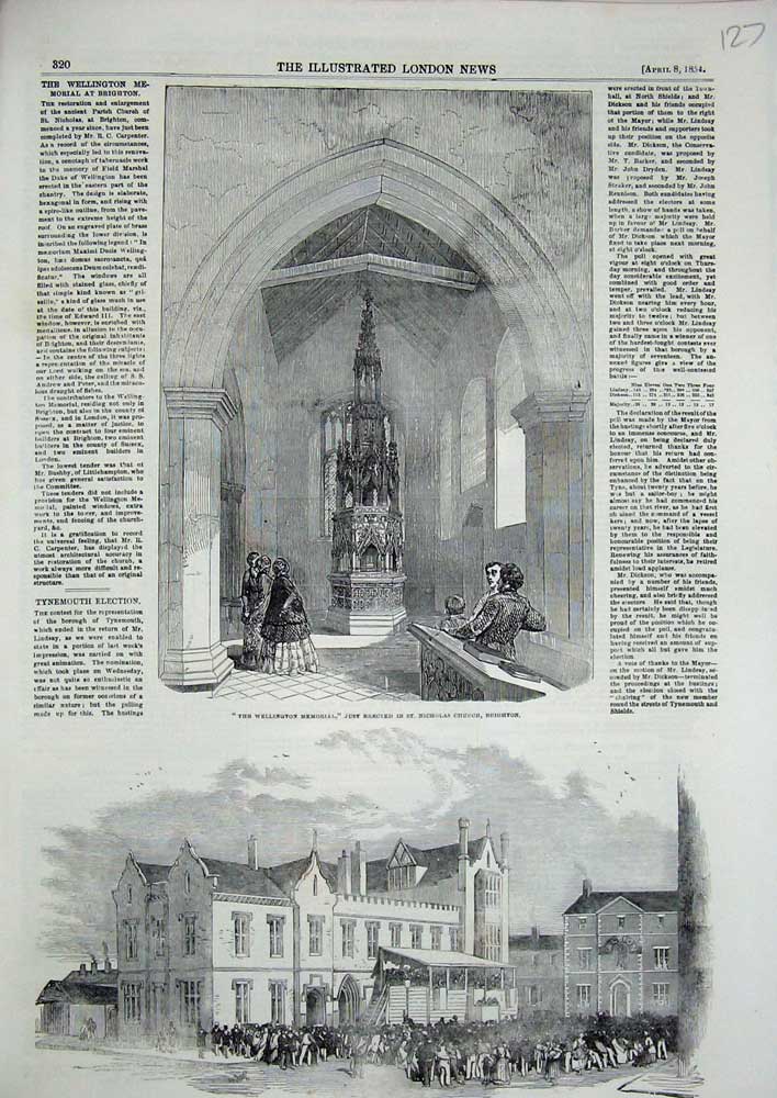Original Old Antique Print 1854 Wellington Memorial Church Brighton Tynemouth