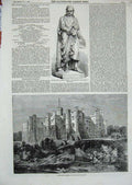 Original Old Antique Print 1858 Statue Isaac Newton Brancepeth Castle Durham