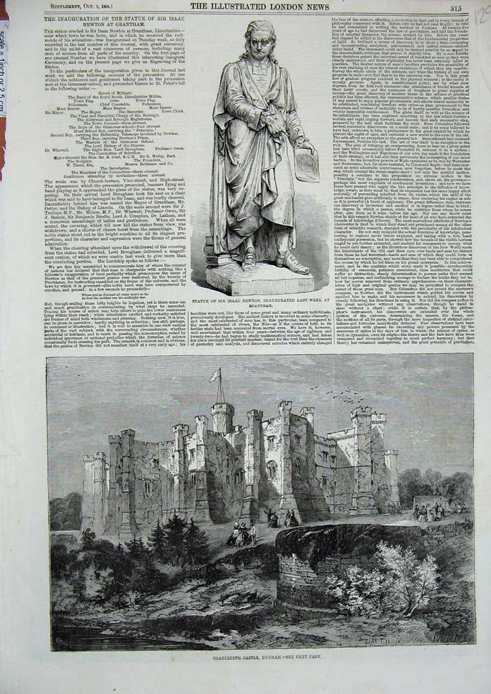 Original Old Antique Print 1858 Statue Isaac Newton Brancepeth Castle Durham
