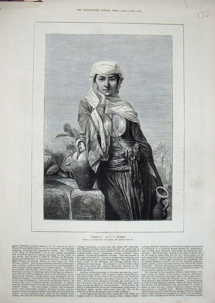 Original Old Antique Print 1878 Rebecca Beautiful Womanlady Water Carrier 19th