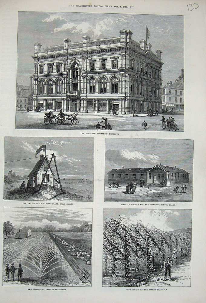 Old Antique Print 1873 Bradford Mechanics Liverpool School Vinery Farming 19th