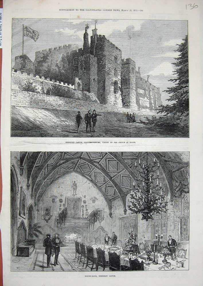Old Antique Print 1873 Berkeley Castle Gloucestershire Dining Room Prince 19th