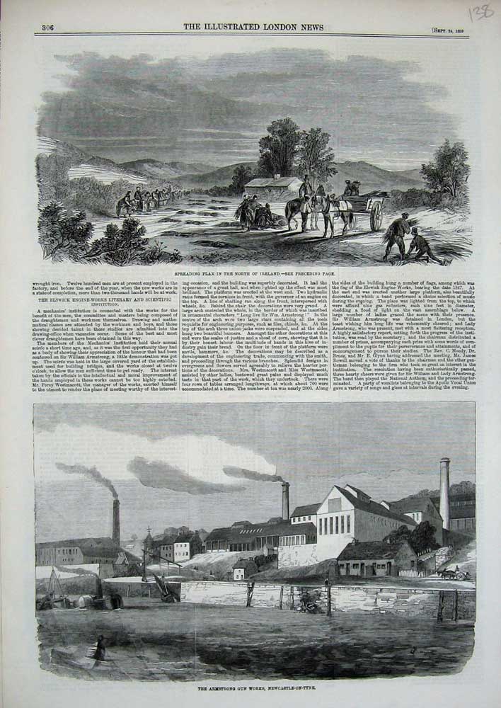 Old Antique Print 1859 Flax Ireland Armstrong Gun Works Newcastle-On-Tyne 19th
