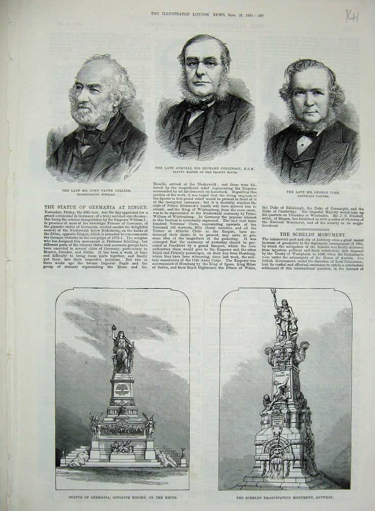 Original Old Antique Print 1883 Antwerp Statue Rhine Collier Collinson Cole Men