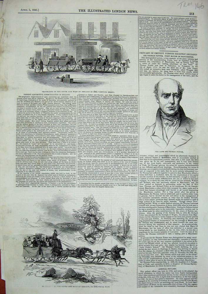 Original Old Antique Print 1845 Sir Thomas Potter Ireland Transport Horses Cart