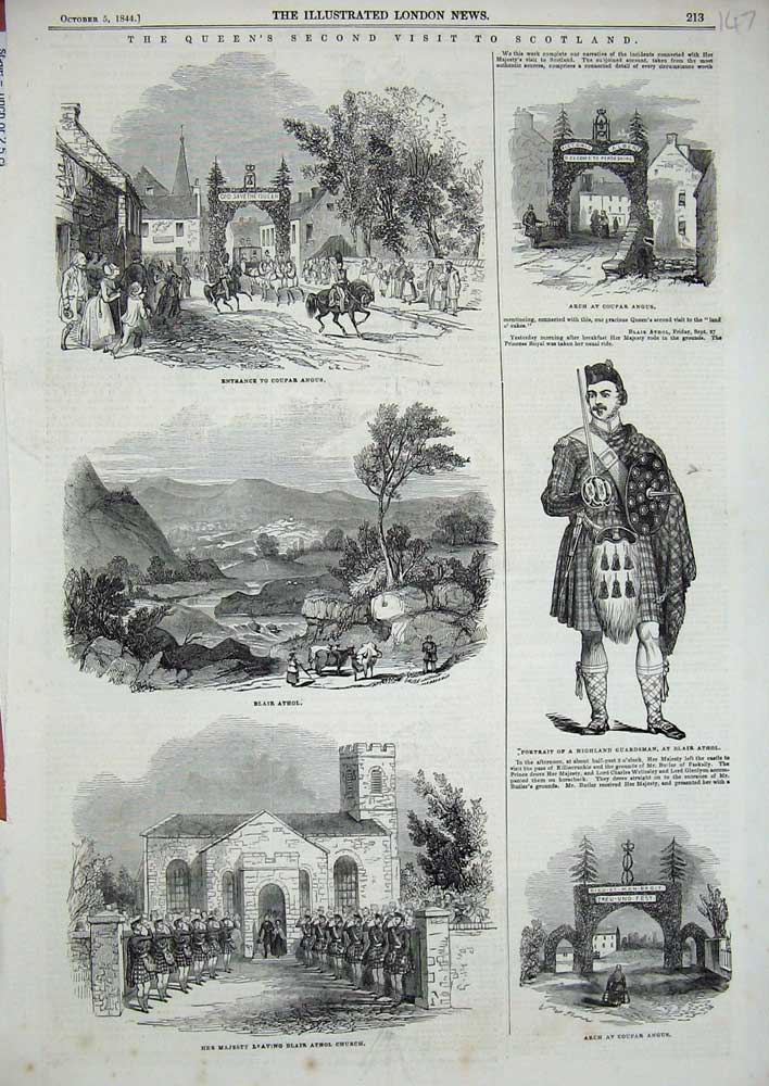 Old Antique Print Queen Scotland 1844 Cupar Angus Blair Athol Church Arch 19th