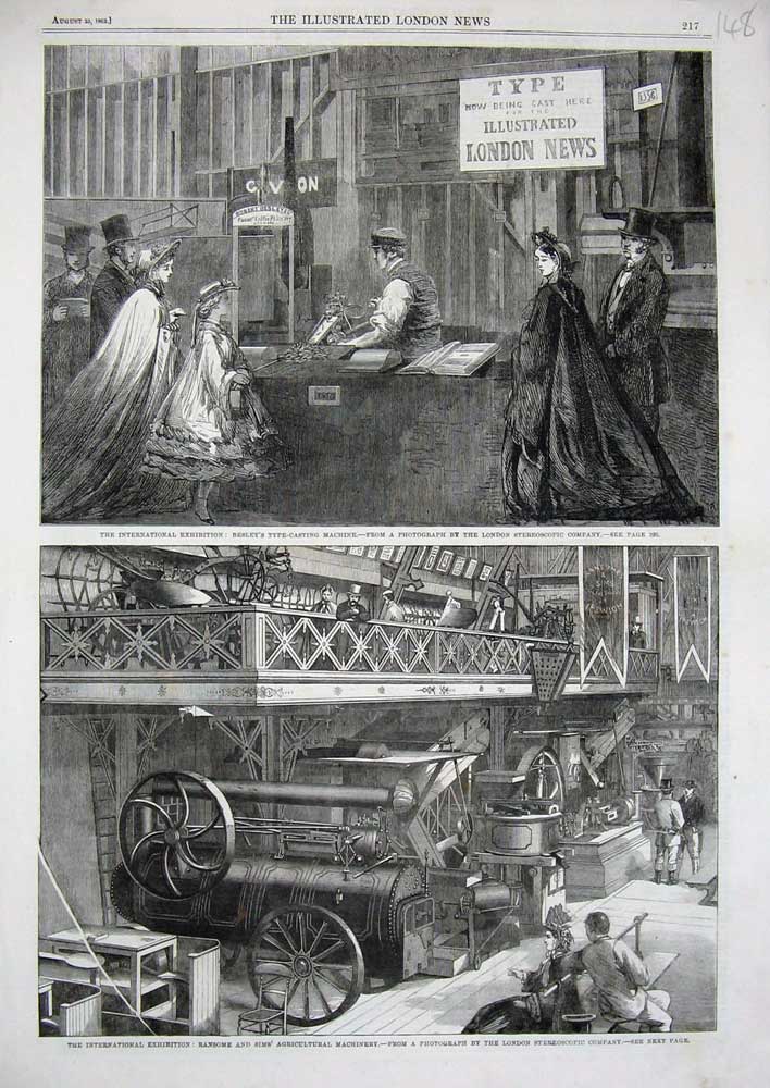Old Antique Print 1862 Besley'S Type Casting Machine Agricultural Ransome 19th