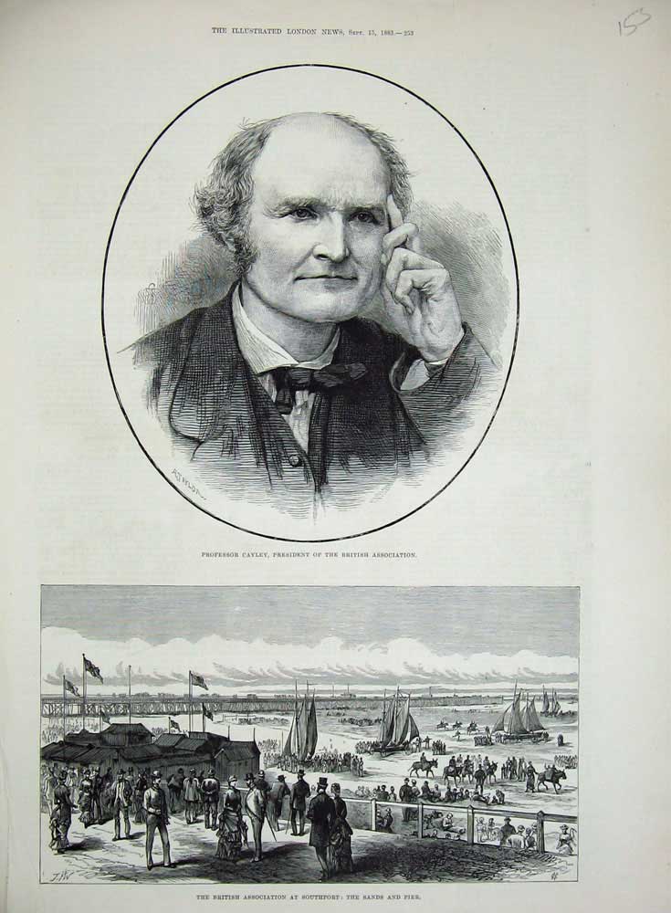 Original Old Antique Print 1883 Professor Cayley President Southport Sands Pier