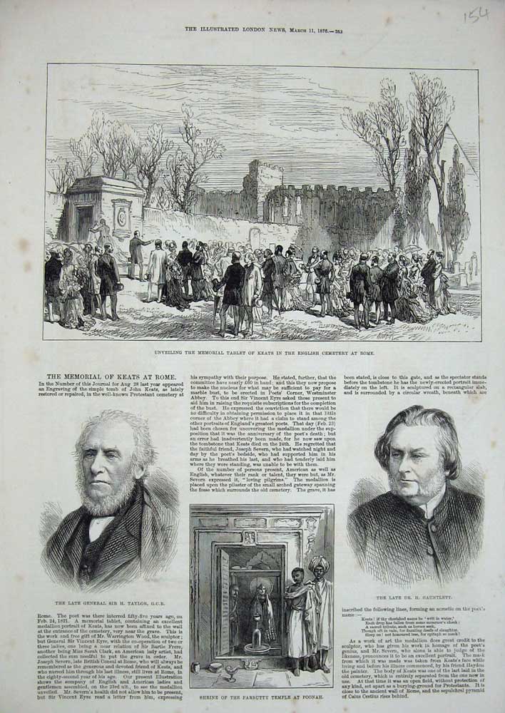 Old Antique Print 1876 Memorial Tablet Keats Rome Poonah Gauntlett Taylor 19th