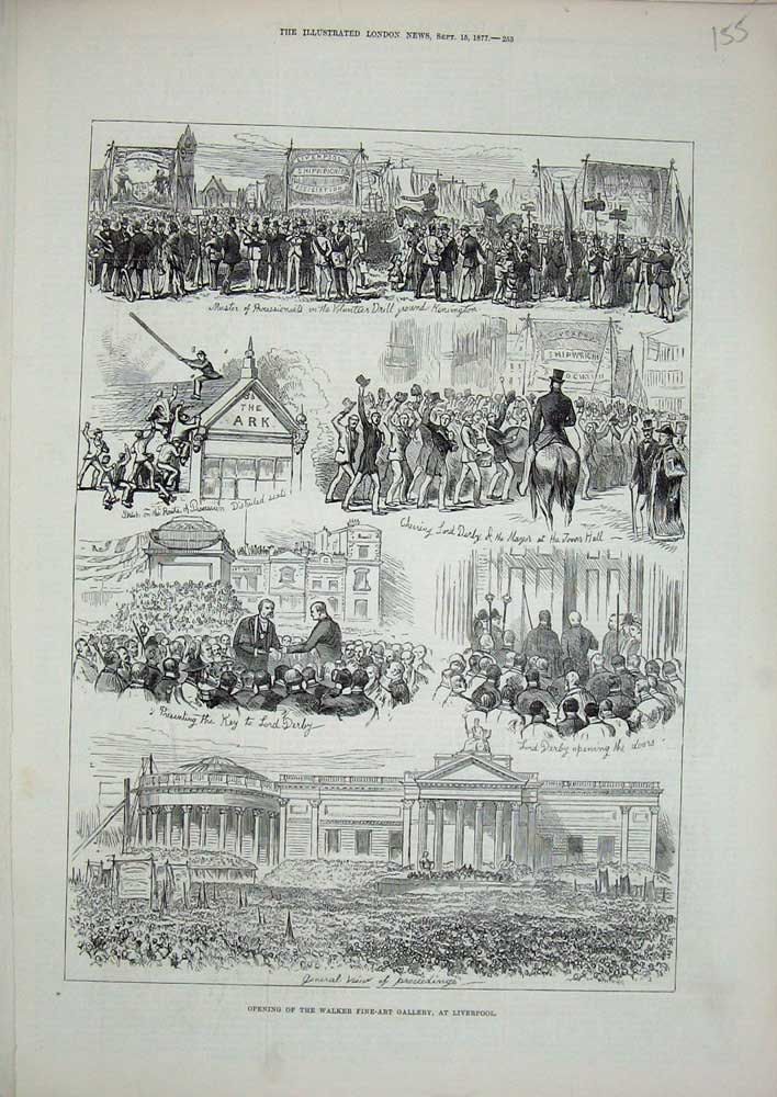 Original Old Antique Print 1877 Fine Art Gallery Liverpool Lord Derby Town Hall