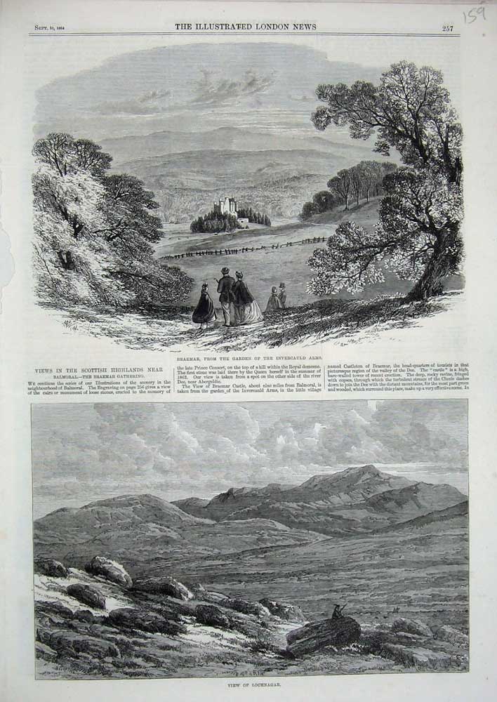 Original Old Antique Print Braemar Invercauld Arms 1864 Lochnagar Scotland Art