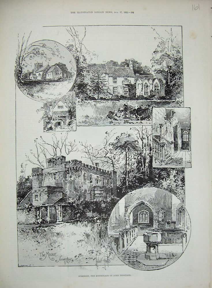 Original Old Antique Print 1892 Somersby Lord Tennyson Manor Church Rectory