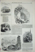 Original Old Antique Print 1844 Albert Bridge Manchester Church Pimlico Glasgow