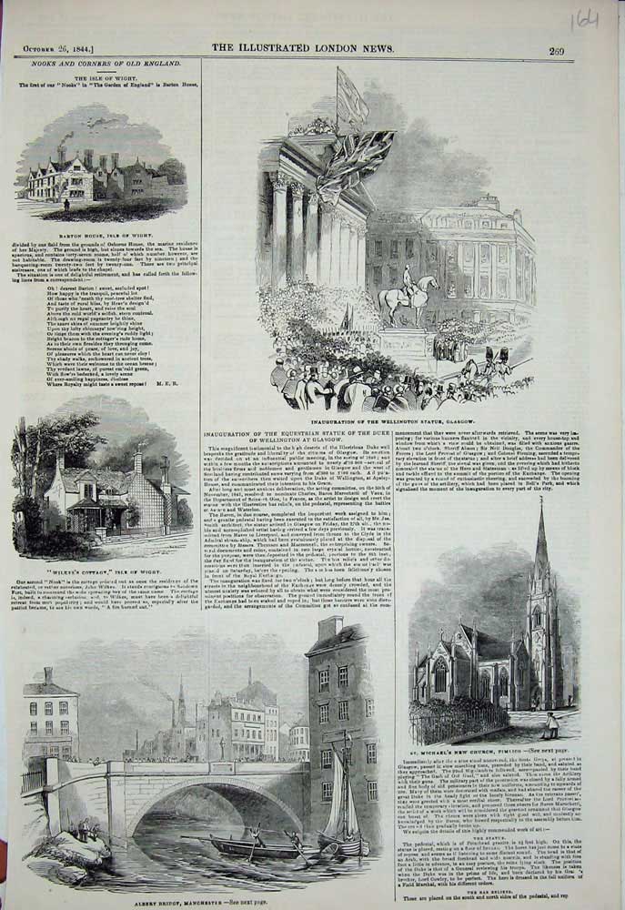 Original Old Antique Print 1844 Albert Bridge Manchester Church Pimlico Glasgow
