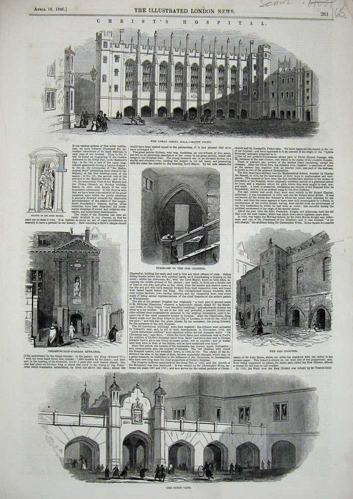 Old Antique Print 1846 Christ'S Hospital Dining Hall Inner Gate Cloister 19th
