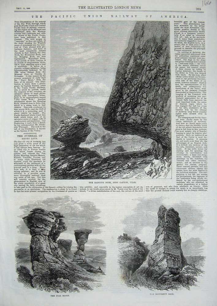 Old Antique Print 1869 Hanging Rock Echo Canyon Utah Monument Dial Rocks 19th