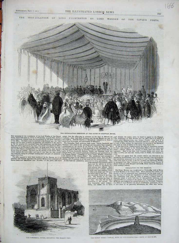 Original Old Antique Print 1861 Court Shepway Dover Townhall Roman Dubris Dieu