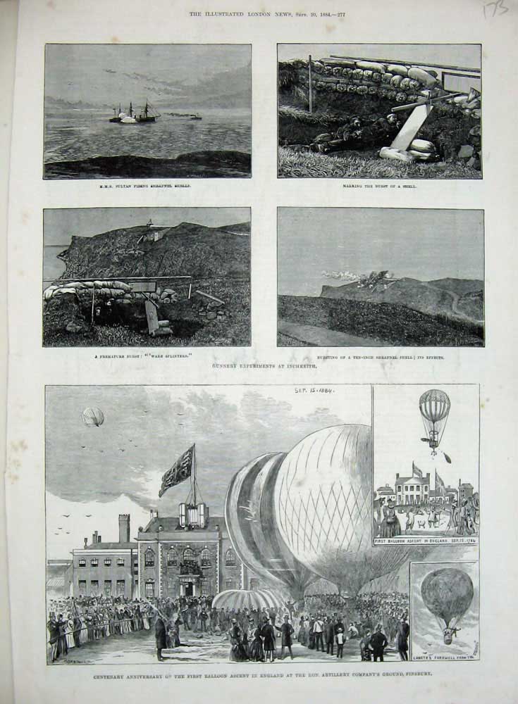 Old Antique Print 1884 H.M.S Sultan Ship Balloon Funsbury Inchkeith Guns 19th