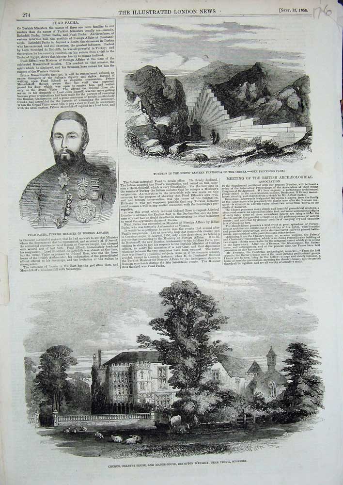 Old Antique Print 1856 Fuad Pacha Crimea Tumulus Church Yeovil Somerset 19th