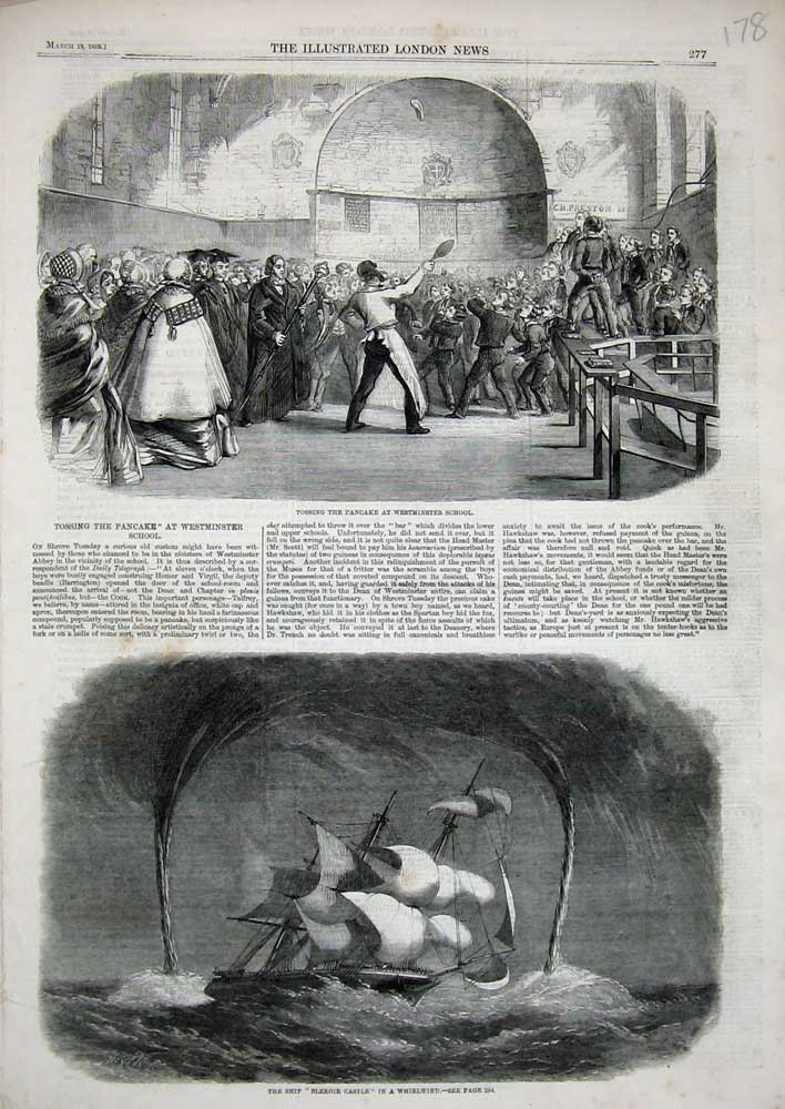 Original Old Antique Print Pancake Westminster School 1859 Bleroie Castle Ship