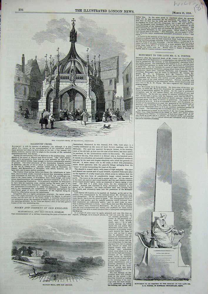 Old Antique Print 1853 Poultry Cross Salisbury Seaham Hall Monument Kent 19th