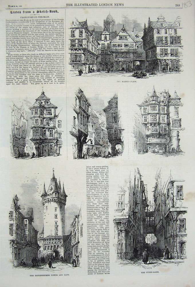 Original Old Antique Print 1865 Frankfort-On-The-Main Eschenheimer Tower Juden