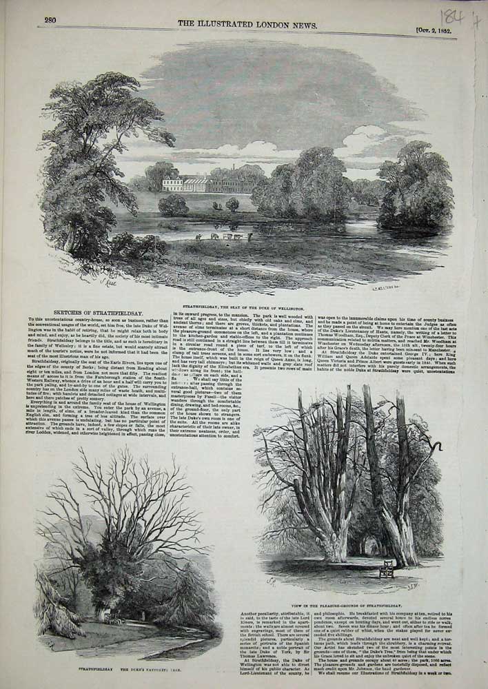 Old Antique Print Strathfieldsay Duke Wellington 1852 Trees River Country 19th