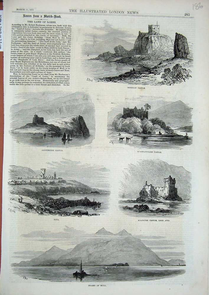 Old Antique Print Lorne 1871 Dunolly Castle Ardtornish Iona Kilchurn Mull 19th