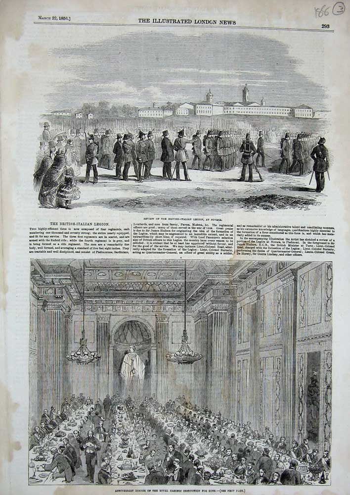 Old Antique Print Dinner Royal Masonic Institution Boys 1856 Novara Army 19th