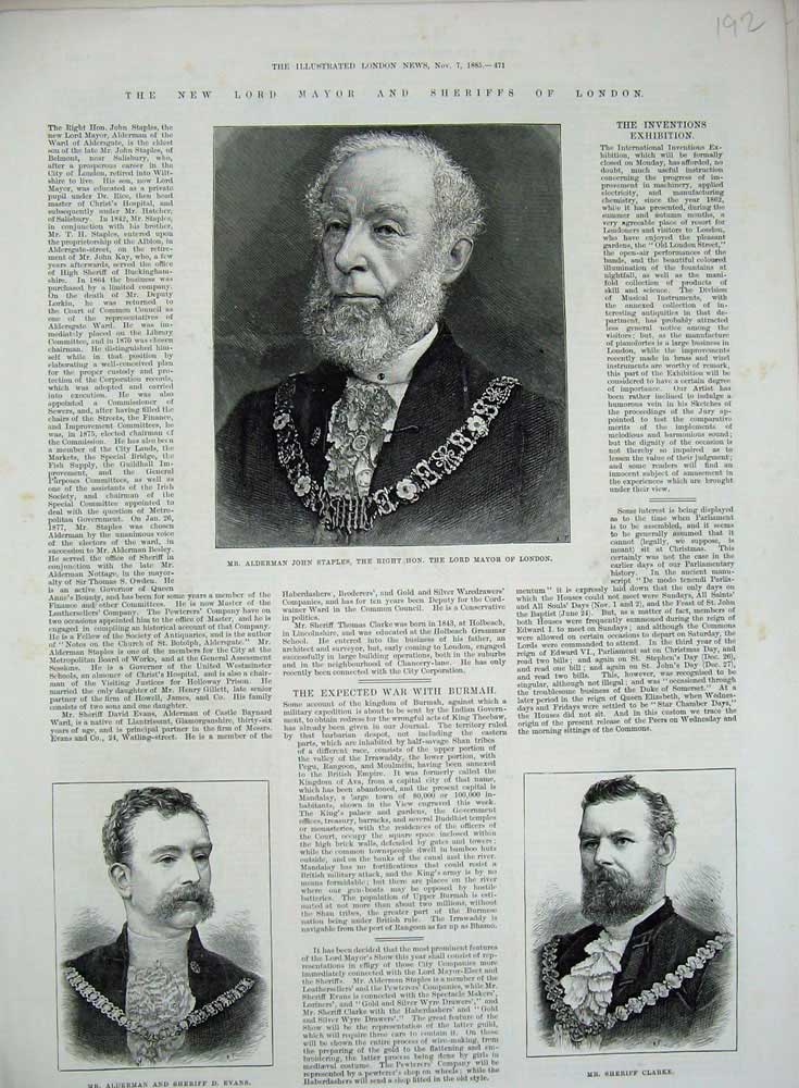 Old Antique Print 1885 Alderman Staples Mayor London Clarke Sheriff Evans 19th