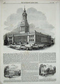Original Old Antique Print 1853 Town Hall Leeds Chalk Farm Tavern Architecture
