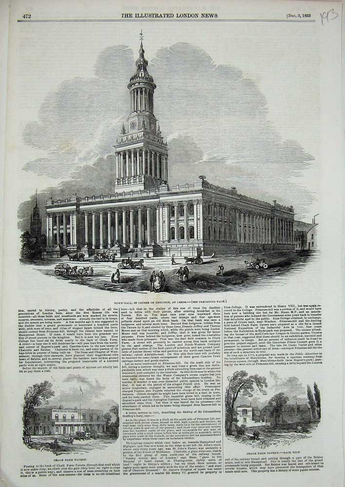 Original Old Antique Print 1853 Town Hall Leeds Chalk Farm Tavern Architecture