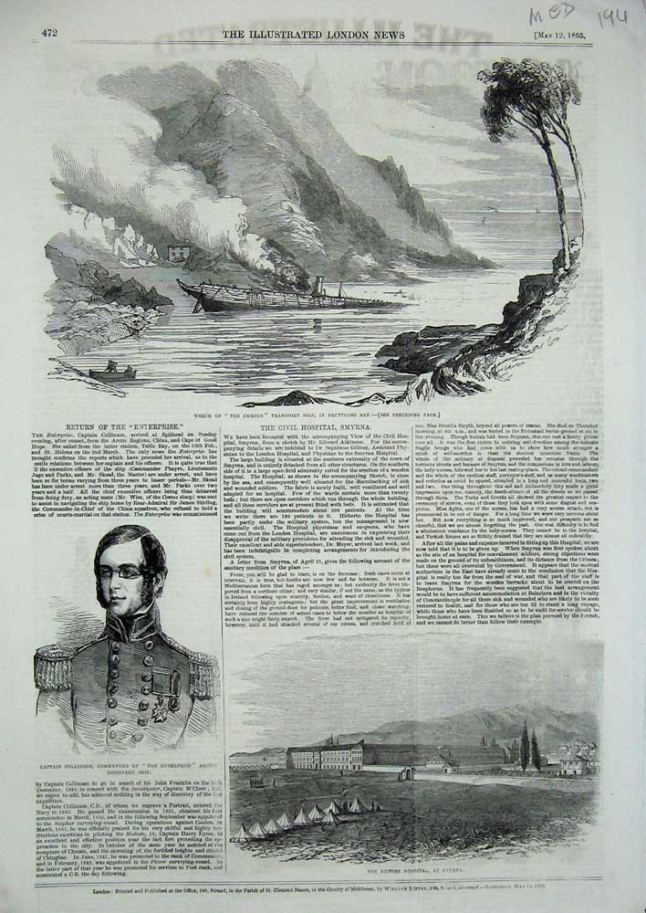 Old Antique Print 1855 British Hospital Smyrna Captain Collinson Croesus 19th