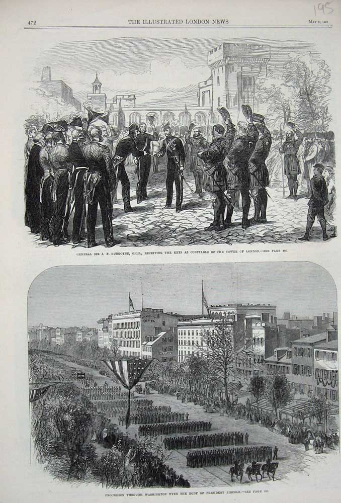 Original Old Antique Print 1865 General Burgoyne Tower London President Lincoln