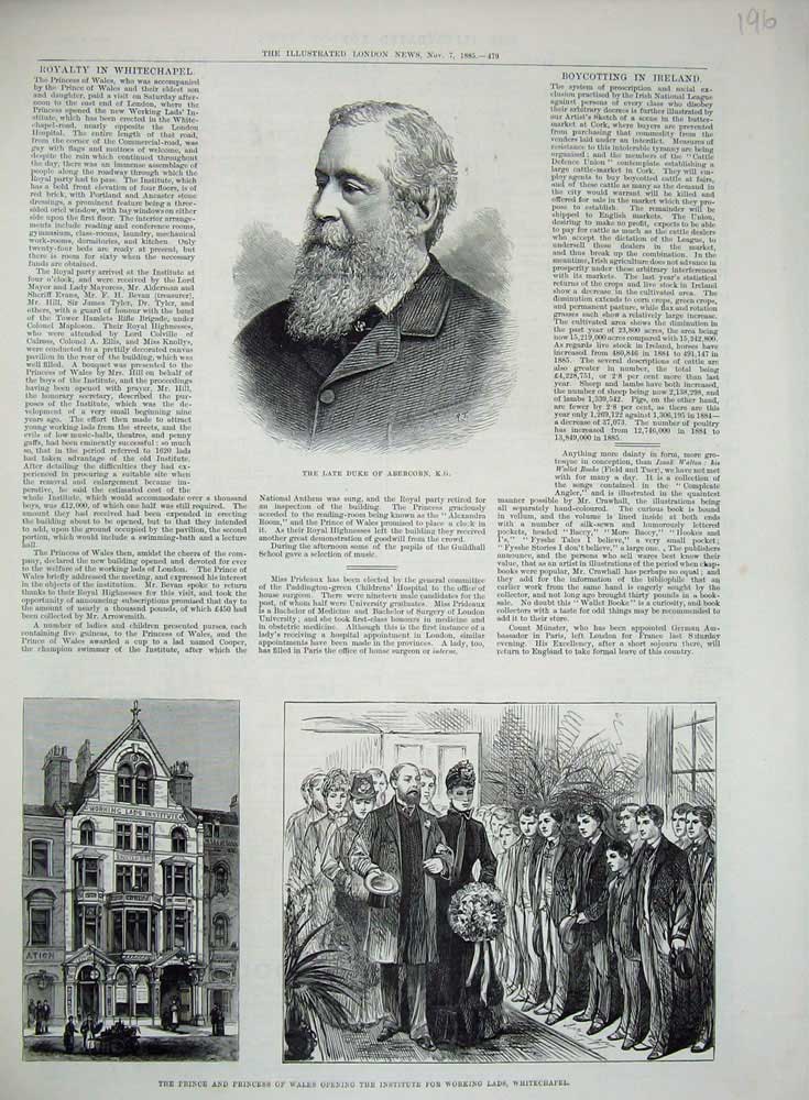 Old Antique Print Duke Abercorn 1885 Prince Wales Institute Whitechapel 19th