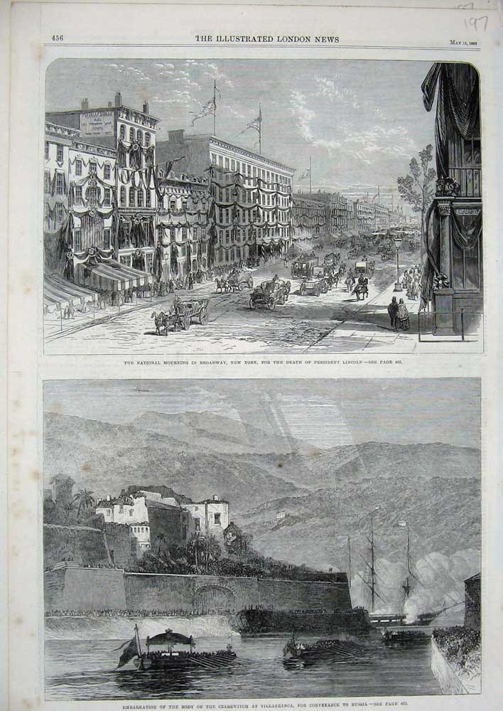 Old Antique Print 1865 Broadway Death President Lincoln Czarewitch Ships 19th