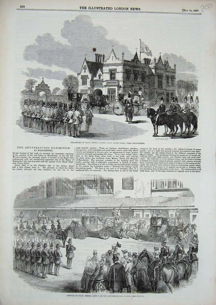Old Antique Print 1857 Prince Albert Abney Hall Manchester Art-Treasures 19th