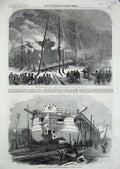 Original Old Antique Print 1855 Etna Ship Scott Russell Millwall Fire Remains