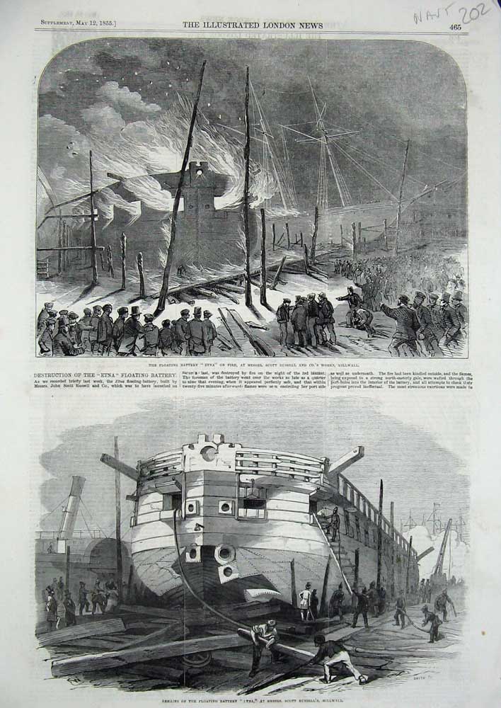 Original Old Antique Print 1855 Etna Ship Scott Russell Millwall Fire Remains