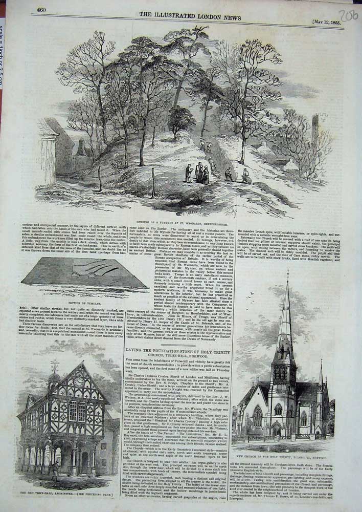 Original Old Antique Print 1855 Tumulus Herefordshire Leominster Church Trinity