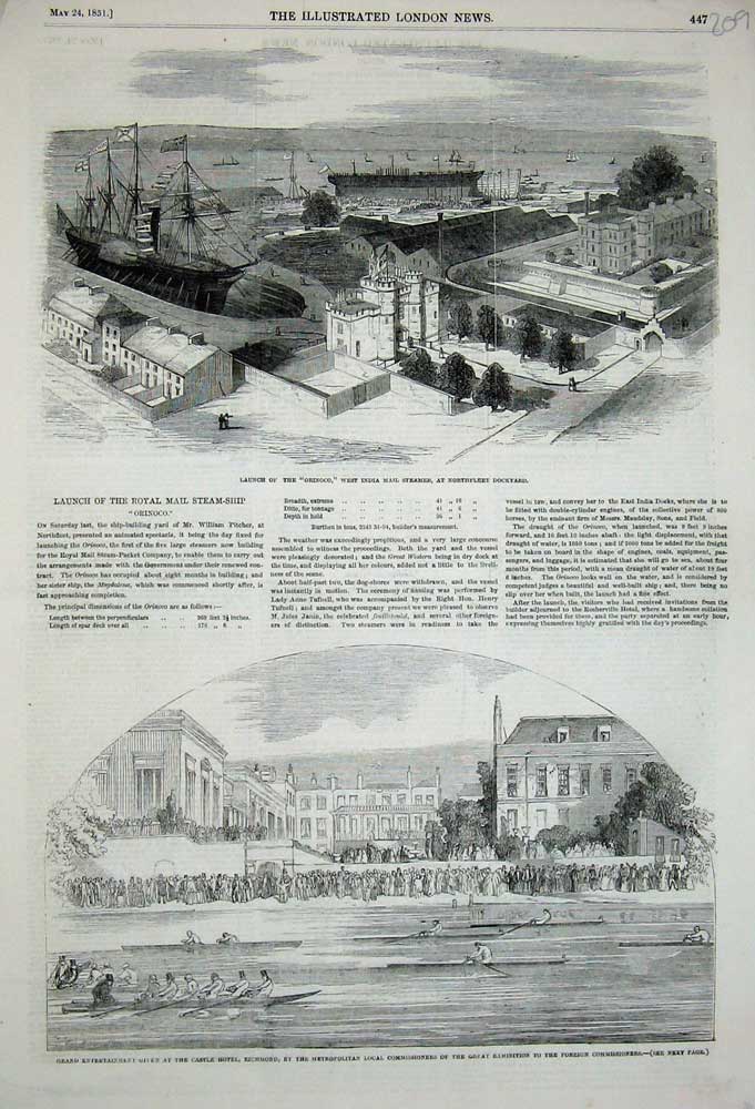 Old Antique Print 1851 Orinoco West India Mail Steamer Ship Richmond Boat 19th
