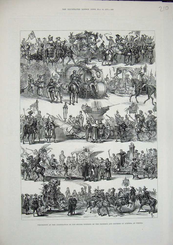 Old Antique Print 1879 Silver Wedding Emperor Austria Vienna Procession 19th